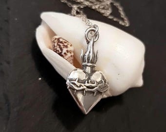 Flamed Sacred Heart with Thorns Necklace 45cm Chain