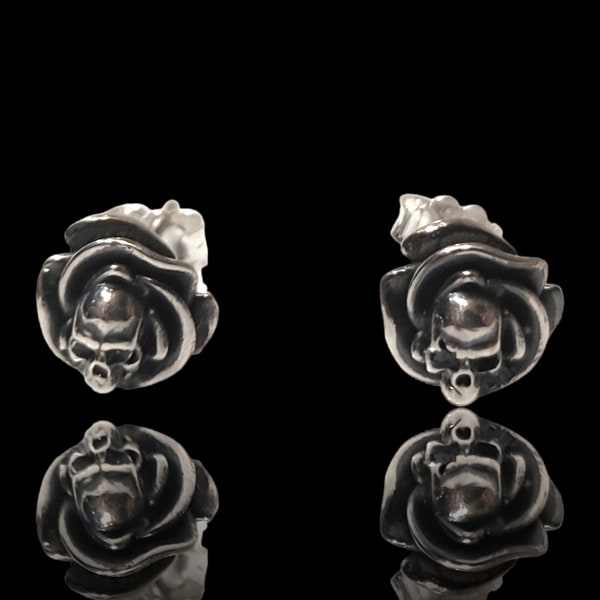 Handgemaakte oorbellen met rozen en schedels - gotische stijl - sterling zilver - cadeau voor de unieke in je leven