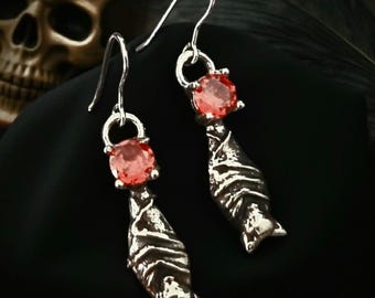 Silver Bat Dangle Earrings with Ruby Zircon | Gothic Witchy Jewelry | Halloween Vampire Earrings