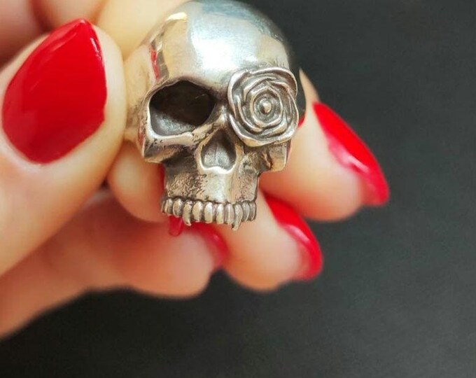 Handmade Sterling Silver Skull Ring: Gothic Rose Design