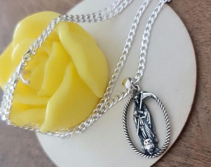 Handmade 925 Silver Santa Muerte Scythe Pendant Necklace: Gothic Style