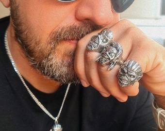 Handmade Sterling Silver Eddie Mayan Skull Ring Pendant: Rock Heavy Metal Bundle