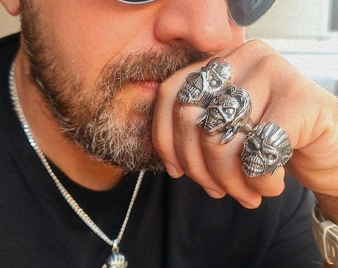 Handmade Sterling Silver Eddie Mayan Skull Ring Pendant: Rock Heavy Metal Bundle