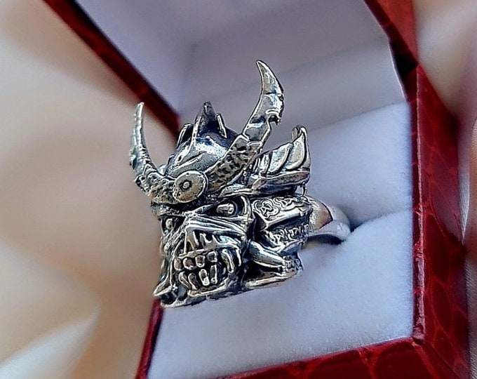 Handmade Sterling Silver Eddie Samurai Skull Ring - Gothic Biker Jewelry