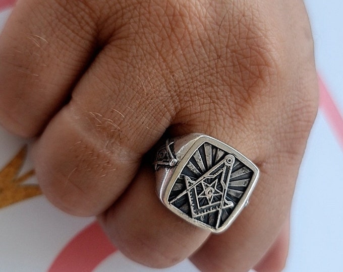 Masonic Square and Compass Symbol Ring - Solid Freemasonry Emblem for Men -925 Sterling Silver -