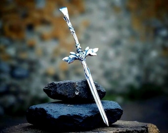 Sterling Silver Blue Rose Sword Pendant: Anime Fantasy Jewelry
