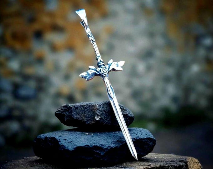 Sterling Silver Blue Rose Sword Pendant: Anime Fantasy Jewelry