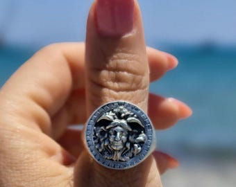 Greek Goddess Medusa Ring Sterling Silver - Mythology Inspired Goth Ring Hypnotic Charm Ring