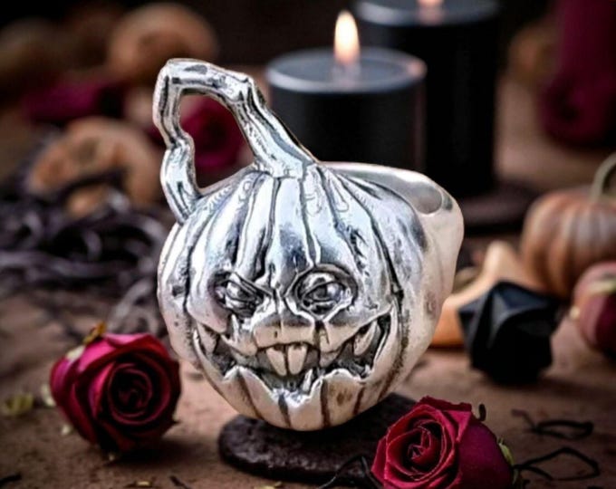 Jack-o'-Lantern Pumpkin ring -Spooky Halloween Jewelry- Handmade Sterling Silver