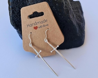 Sterling Silver Sword Dangle Earrings • 4.5 cm Medieval Fantasy Earrings • Gothic Warrior Jewelry