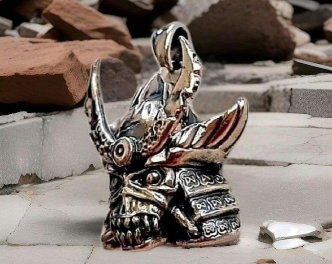 Handmade Sterling Silver Samurai Skull Pendant: Rocker Biker Jewelry