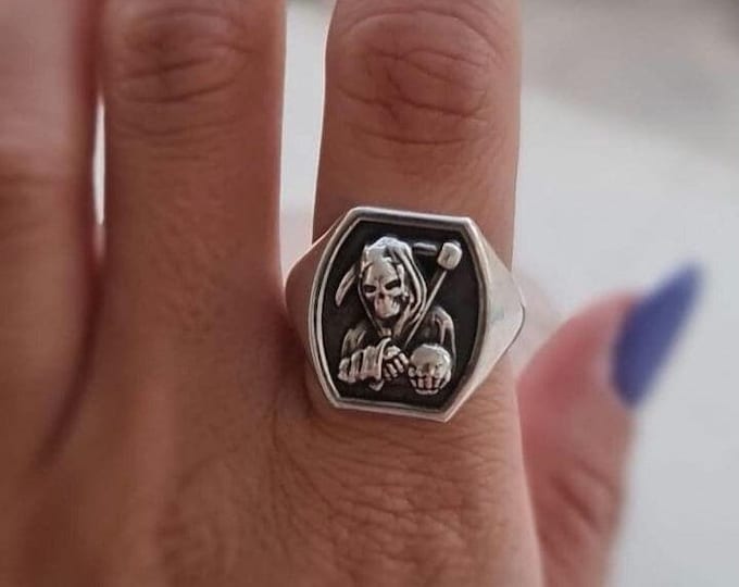 Handmade 925 Silver Grim Reaper Ring - Gothic Skull Jewelry