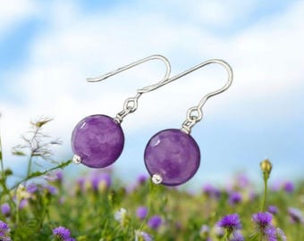 Natural Amethyst Earrings 10mm – Sterling Silver Dangle Drop Earrings – Handmade Gemstone Jewelry – February Birthstone
