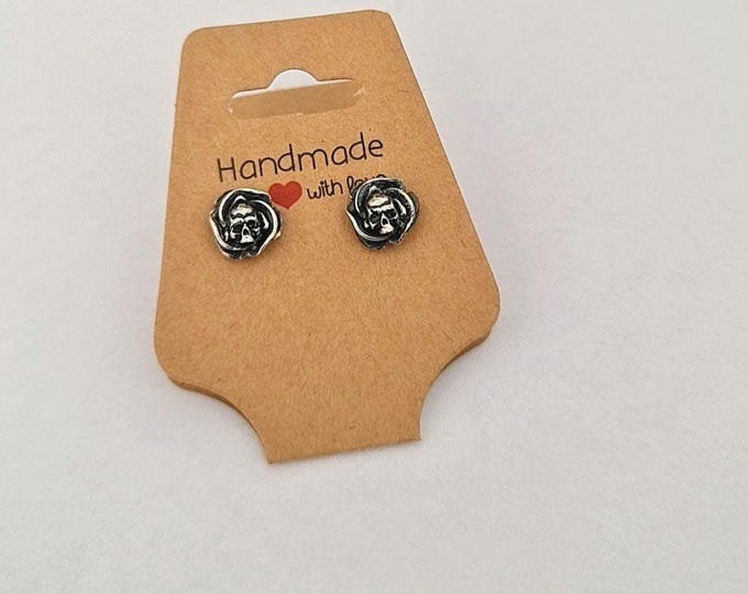 Roses and Skulls Stud Earrings - Gothic Style - Sterling Silver -