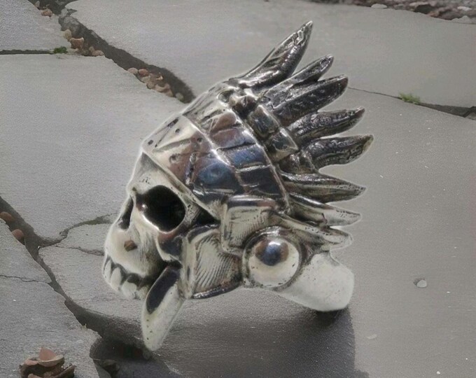 Handmade 925 Sterling Silver Native American Skull Ring: Gothic Chief Indian