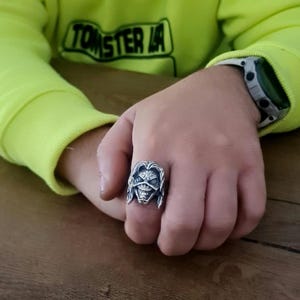 Handmade Sterling Silver Eddie Skull Ring: Biker Rock Pendant