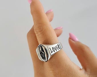 Handmade vulva Sterling Silver "PU**Y LOVER" Ring