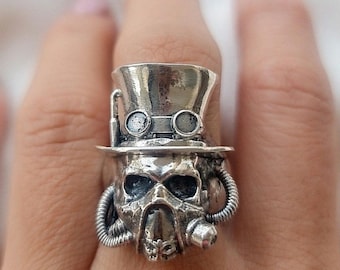 Steampunk-Inspired Silver Skull Ring -  stylish  Gothic solid & Sturdy  Sterling Silver