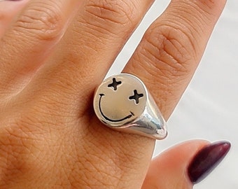 Anello con faccina sorridente - Argento sterling 925 - Realizzato a mano - Unisex