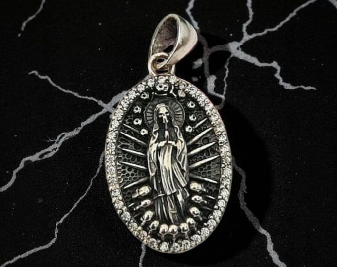 Sterling Silver La Santa Muerte Pendant: Gothic Zircon Skull Amulet