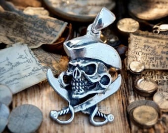Handmade Silver Pirate Skull Necklace: Cross Swords Pendant