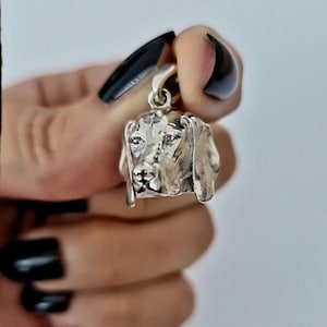 Può includere: Un ciondolo d'argento a forma di testa di cane, con dettagli del viso e un anello per una catena. Il ciondolo è tenuto da una mano con smalto nero, su uno sfondo sfocato. Il ciondolo a forma di cane è un gioiello.