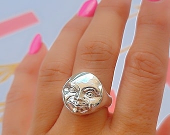 Handcrafted Sterling Silver Full Moonface Ring - Celestial Jewelry