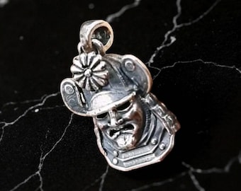Handmade Sterling Silver Samurai Mask Pendant: Gothic Japanese Necklace