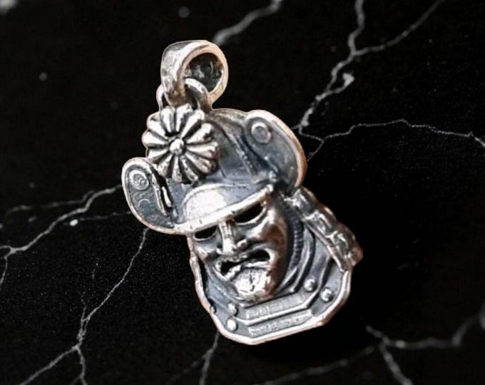 Handmade Sterling Silver Samurai Mask Pendant: Gothic Japanese Necklace