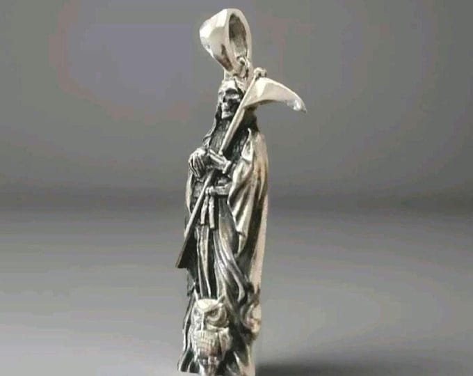Handmade 925 Silver Santa Muerte Scythe Necklace: Gothic Grim Reaper Pendant