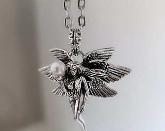 Retro Pearl Goddess Wing Angel Necklace  Unisex anime statement Necklace