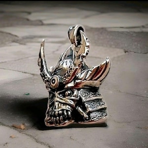 Handmade Sterling Silver Samurai Skull Pendant: Rocker Biker Jewelry