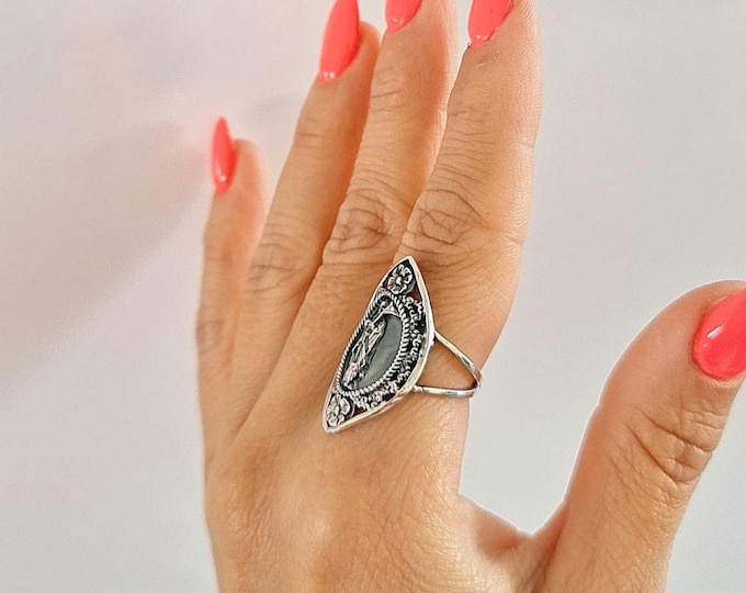 Santa Muerte Ring  925 Sterling Silver -Saint Death Ring with flowers & Scythe