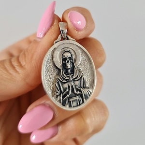 925 Silver Santa Muerte Pendant: Gothic Praying Skull Necklace