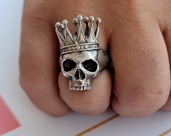 Handmade 925 Silver Skull Ring with Crown: Gothic Biker Jewelry
