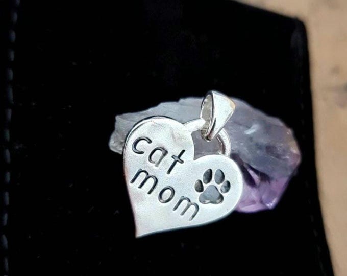 Handmade Sterling Silver Cat Mom Heart Pendant - Paw Print Charm