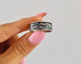 Oxidized Sterling Silver Japanese Wave Ring: Handmade Gothic Jewelry