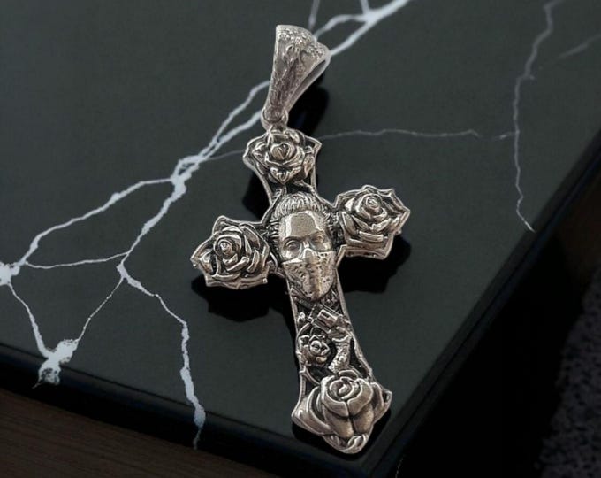 Handmade Sterling Silver Chicano Tattoo Cross Pendant