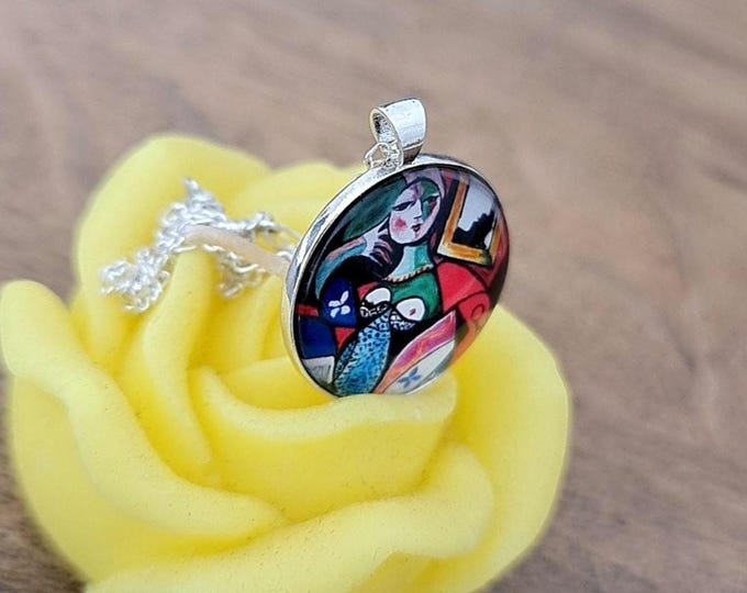 Art Nouveau Cabochon Necklace: 925 Sterling Silver Pendant,