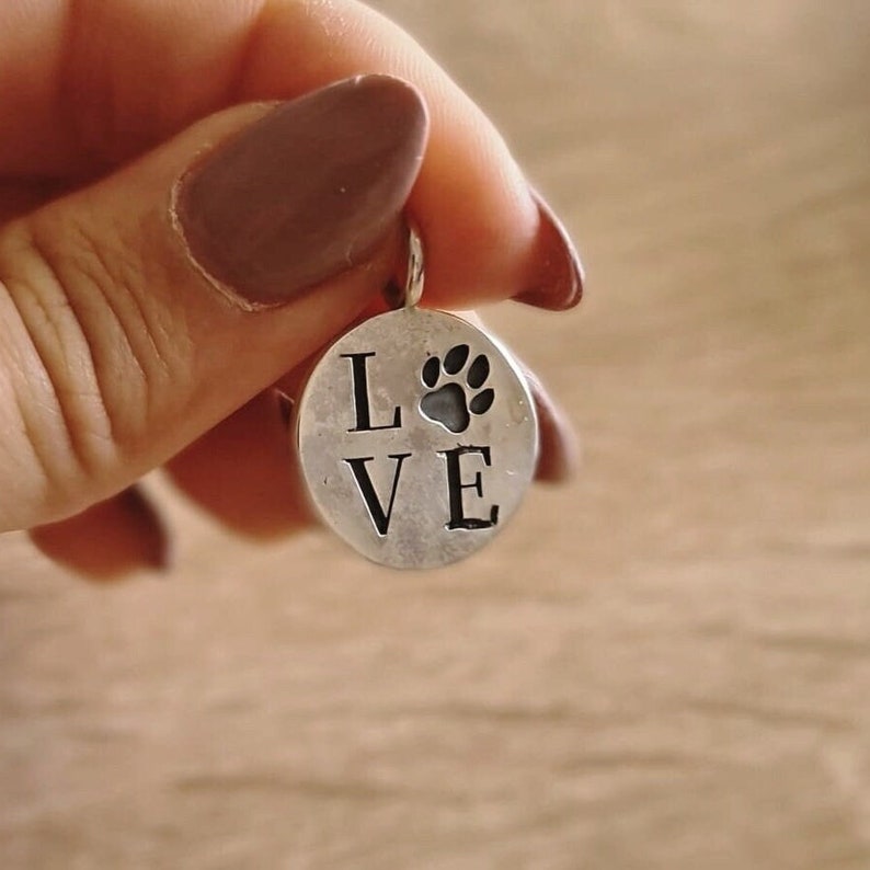 Handmade Silver Pendant with love paw engraving,round souvenir animal , Dainty Love Paw Engraved Silver Pendant image 2