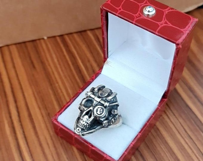 Handmade Sterling Silver Bitcoin Skull Ring: Gothic Crypto Jewelry