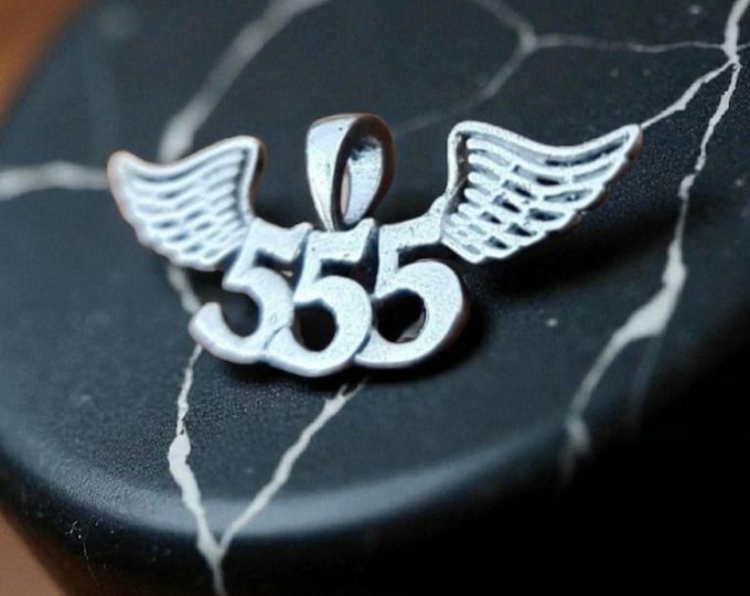 555 Angel Number Sterling Silver Pendant Necklace with Wings "major change is coming"