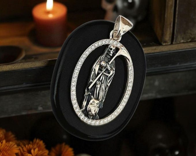 Handmade Silver Santa Muerte Pendant: Gothic Scythe Amulet with Zircon framed