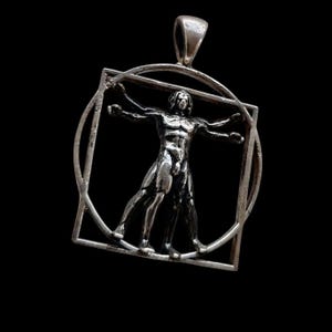 Handmade Vitruvian Man sterling Silver Pendant - Necklace with Leonardo da Vinci&#39;s Renaissance Art - Unique Artistic Necklace solid & Sturdy