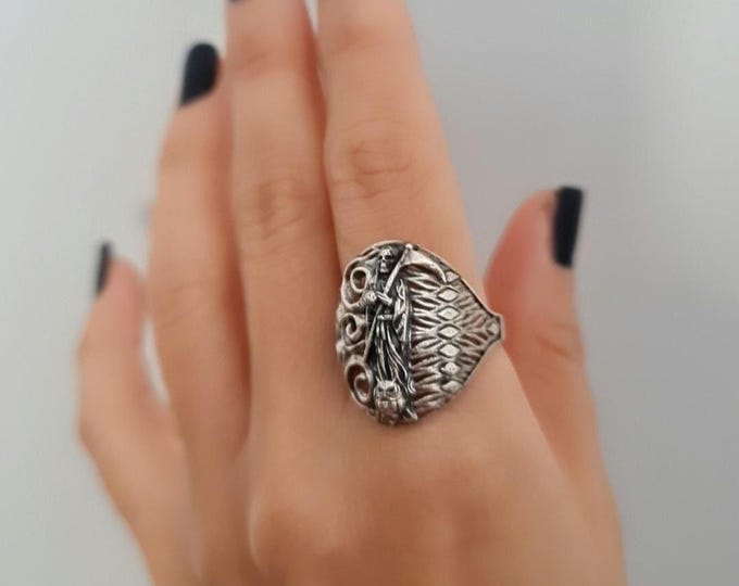 Santa Muerte Ring  925 Silver  -Saint Death Ring with modern pattern solid  Ring