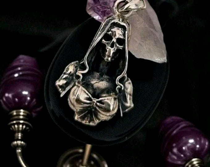 Silver Skeleton Goddess in Hooded Cloak and Bow-Tied Top   Gothic Death Jewelry