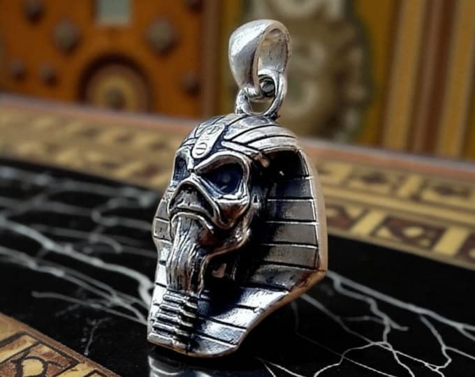 Eddie  Pharaoh King Skull Pendant- Egyptian -Rock  Heavy metal- Sterling Silver