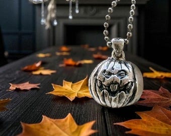 Jack-o'-Lantern Pumpkin Pendant -Spooky  Halloween Jewelry- Handmade Sterling Silver-