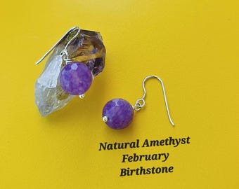 Natural Amethyst Earrings 10mm – Sterling Silver Dangle Drop Earrings – Handmade Gemstone Jewelry – February Birthstone