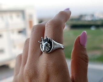 Sterling Silver Bull Terrier Ring with Crown: Handmade Dog Lover Jewelry